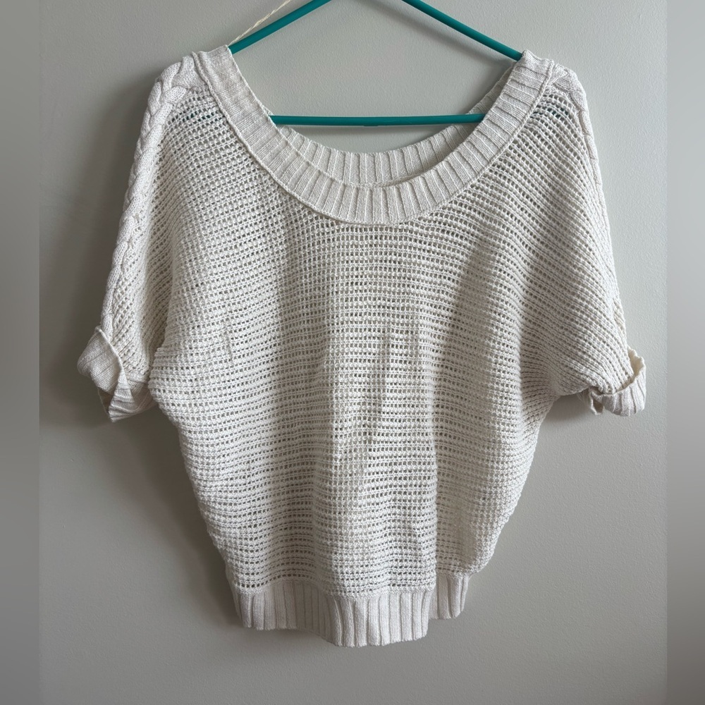 aerie Cream Open-Weave Short-Sleeve Crew Sweater